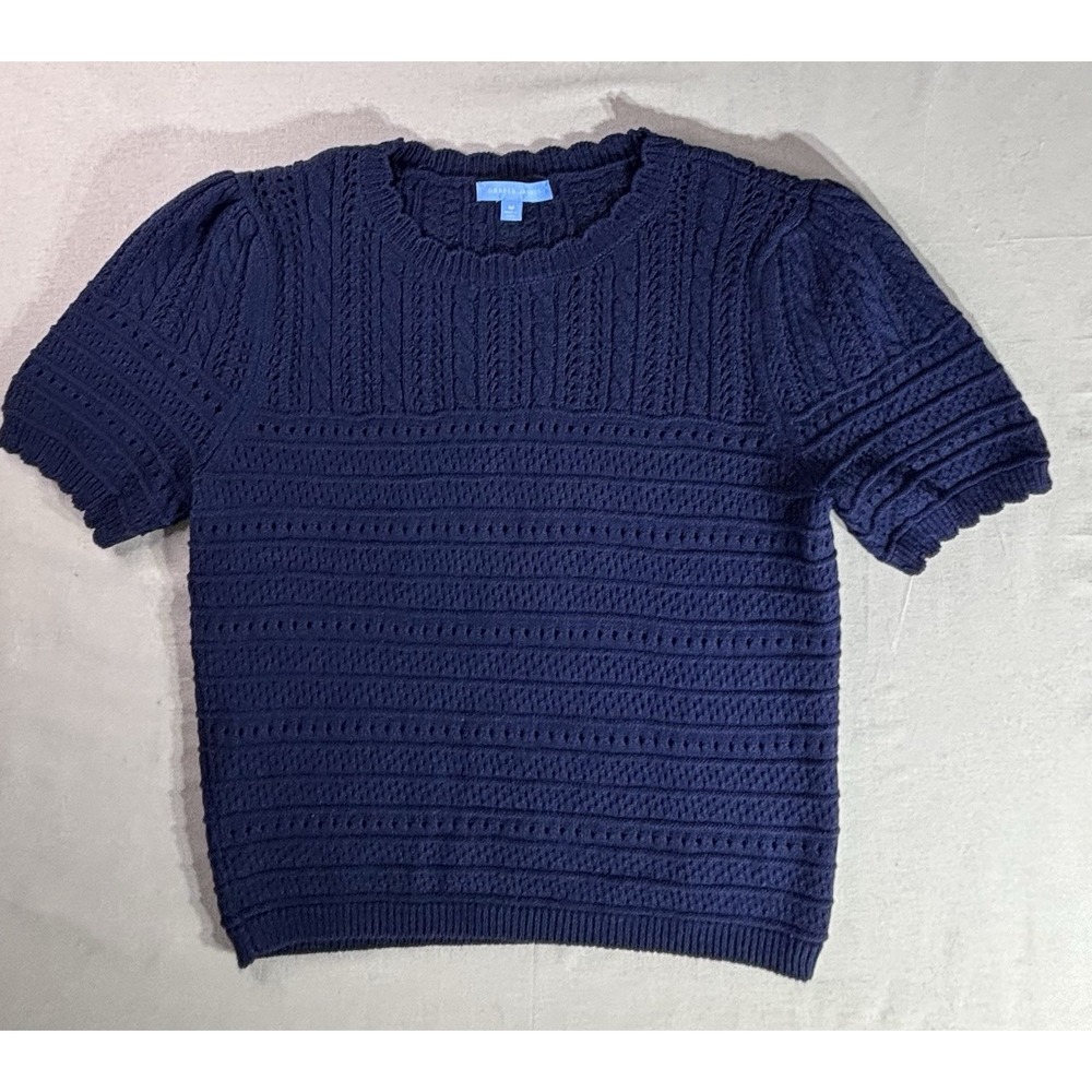 Draper James Short Sleeve Pointelle Sweater in Navy Blue Size M